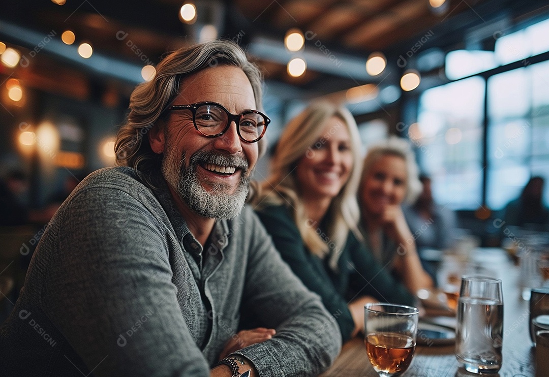 Três colegas de trabalho sorridentes e diversos tendo uma reunião informal de estratégia empresarial