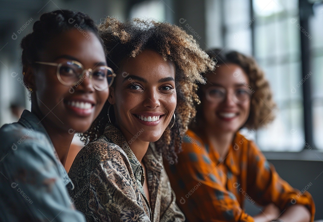 Três colegas de trabalho sorridentes e diversos tendo uma reunião informal de estratégia empresarial