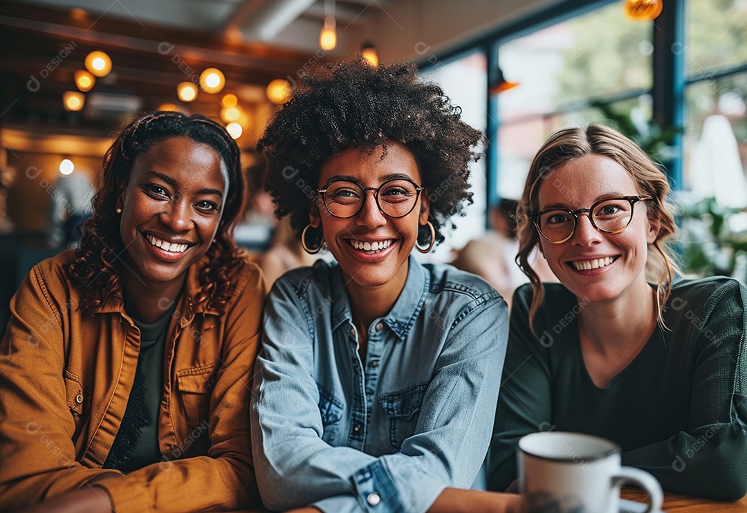 Três colegas de trabalho sorridentes e diversos tendo uma reunião informal de estratégia empresarial