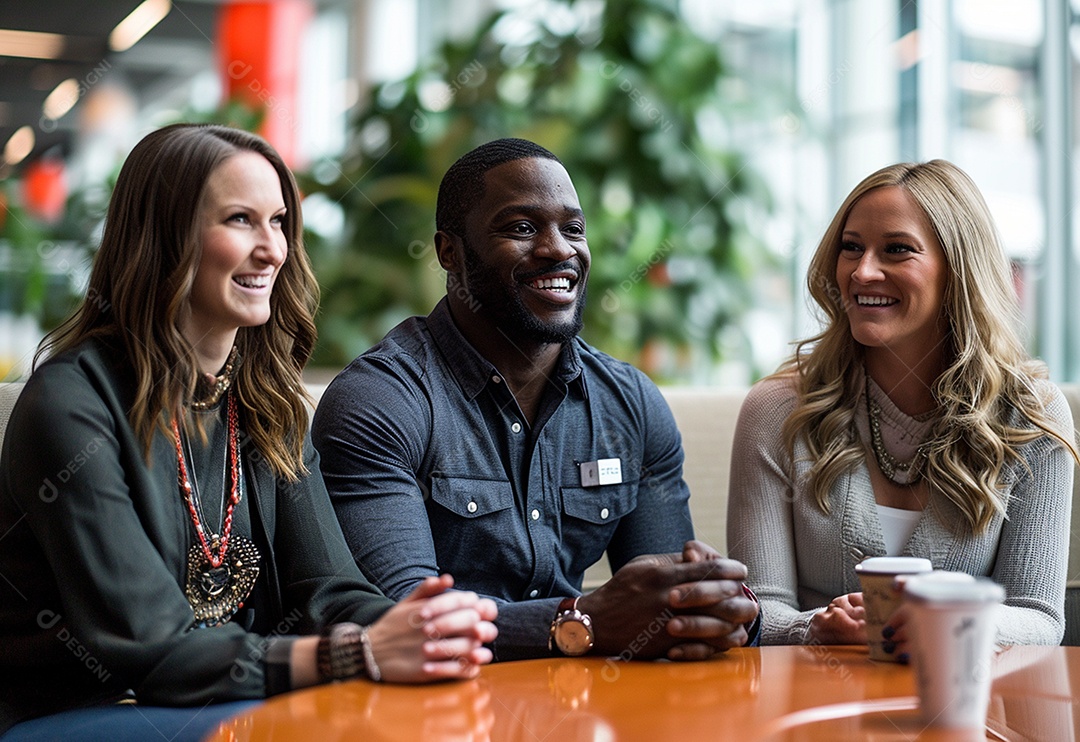 Três colegas de trabalho sorridentes e diversos tendo uma reunião informal de estratégia empresarial