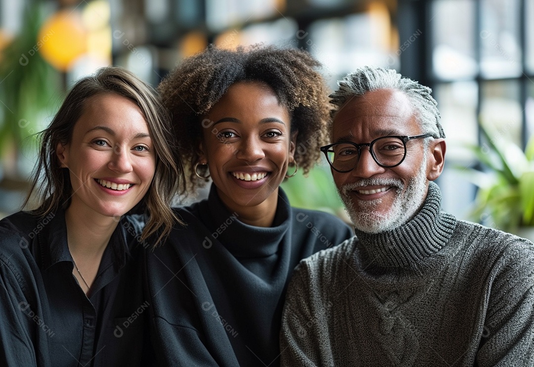 Três colegas de trabalho sorridentes e diversos tendo uma reunião informal de estratégia empresarial