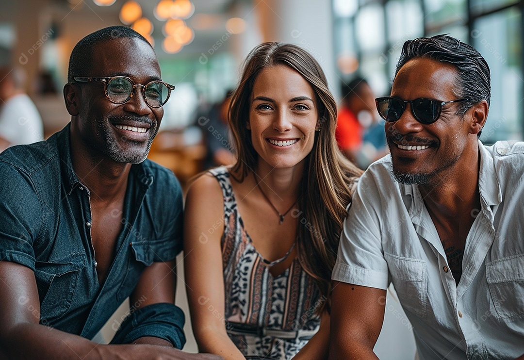 Três colegas de trabalho sorridentes e diversos tendo uma reunião informal de estratégia empresarial