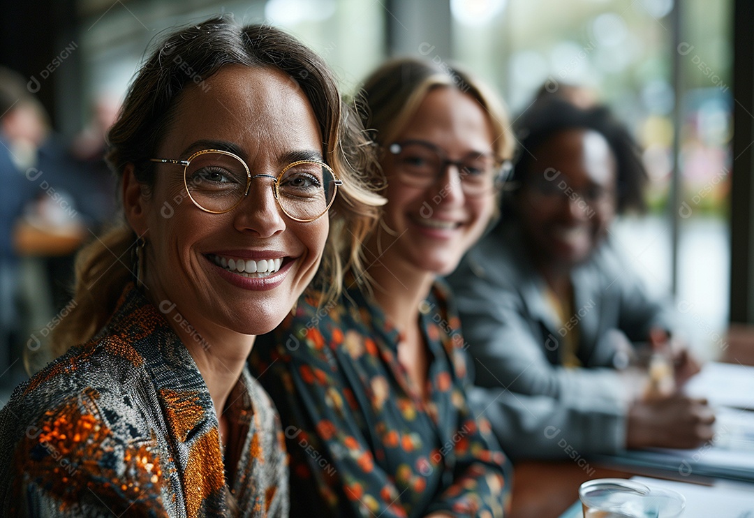 Três colegas de trabalho sorridentes e diversos tendo uma reunião informal de estratégia empresarial