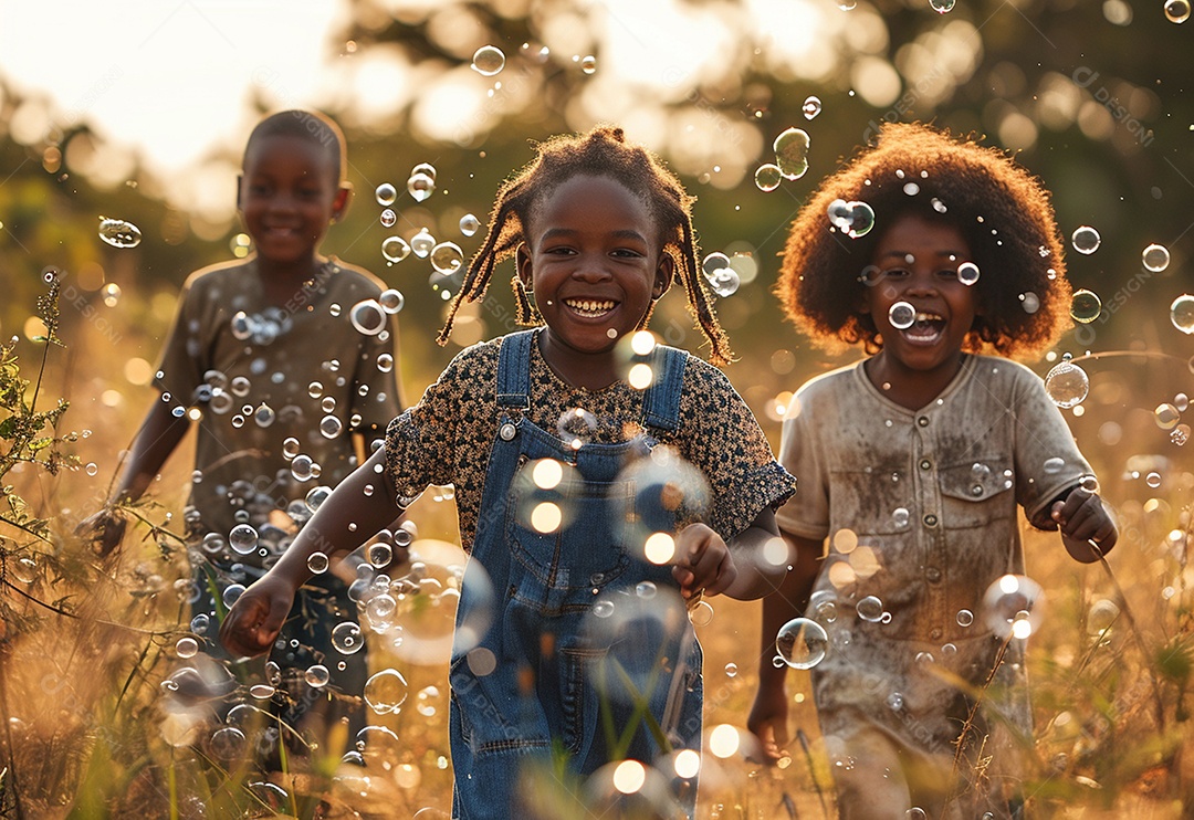 Grupo de crianças brincando com bolhas de sabão