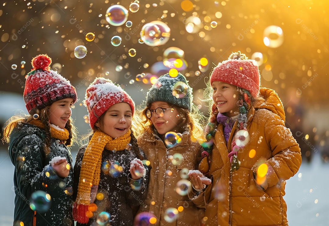 Grupo de crianças brincando com bolhas de sabão