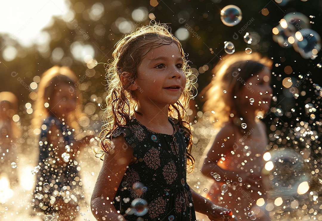 Grupo de crianças brincando com bolhas de sabão