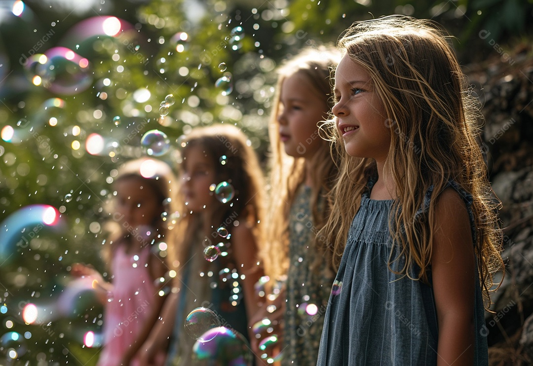 Grupo de crianças brincando com bolhas de sabão