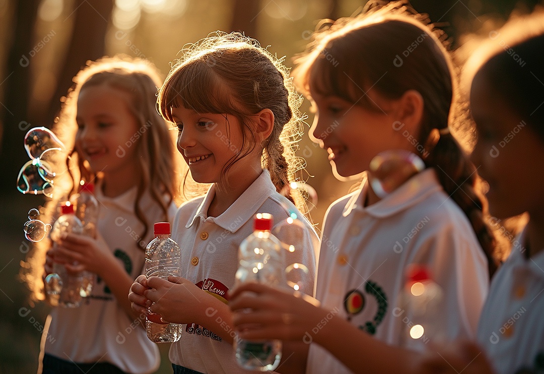 Grupo de crianças brincando com bolhas de sabão