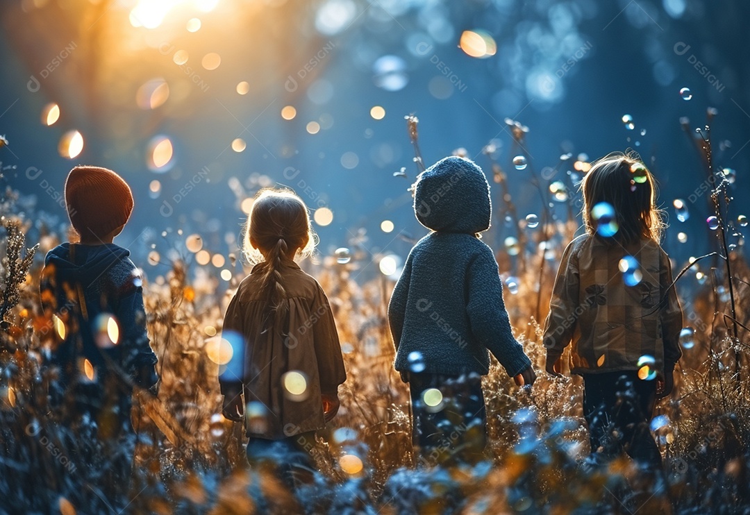 Grupo de crianças brincando com bolhas de sabão