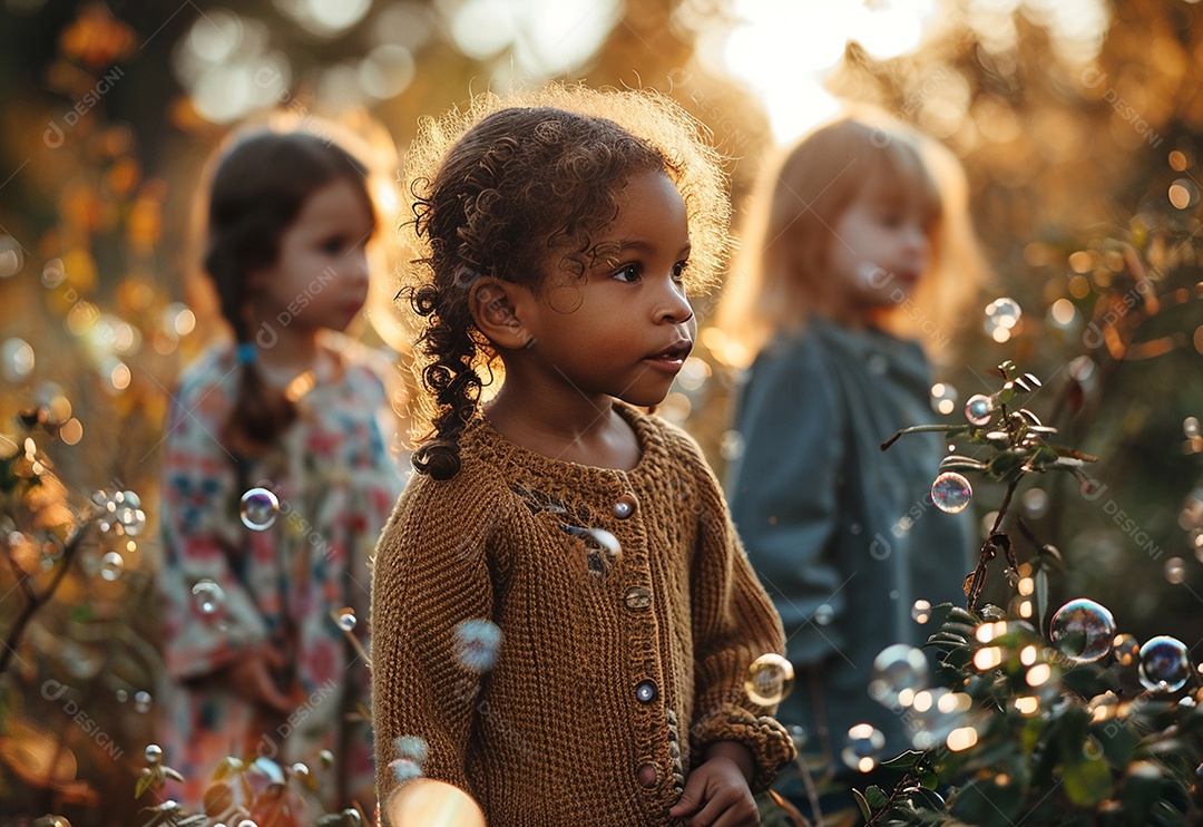 Grupo de crianças brincando com bolhas de sabão