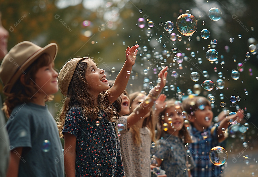 Grupo de crianças brincando com bolhas de sabão
