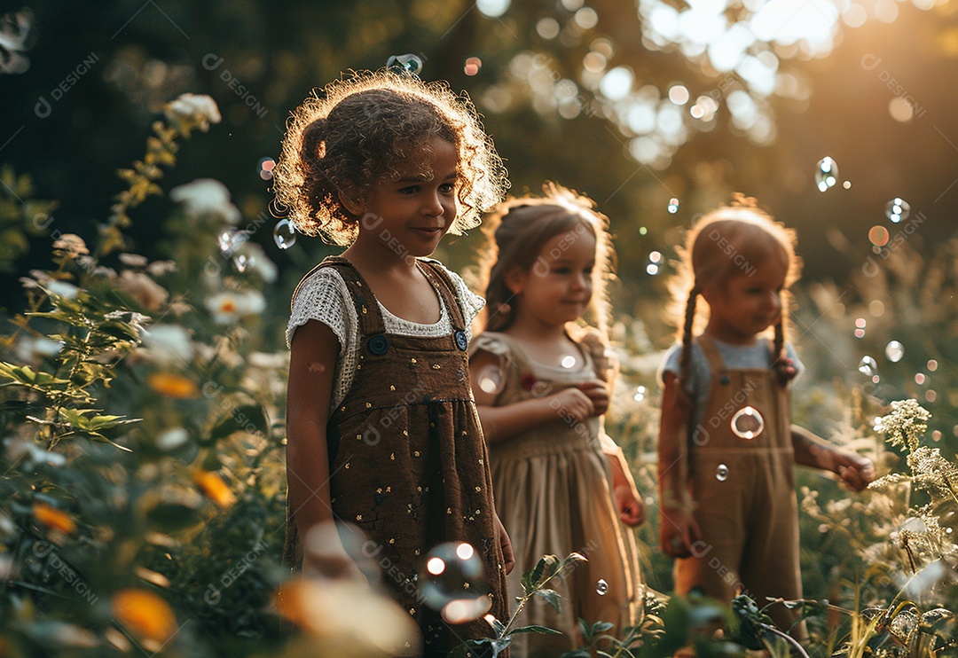 Grupo de crianças brincando com bolhas de sabão