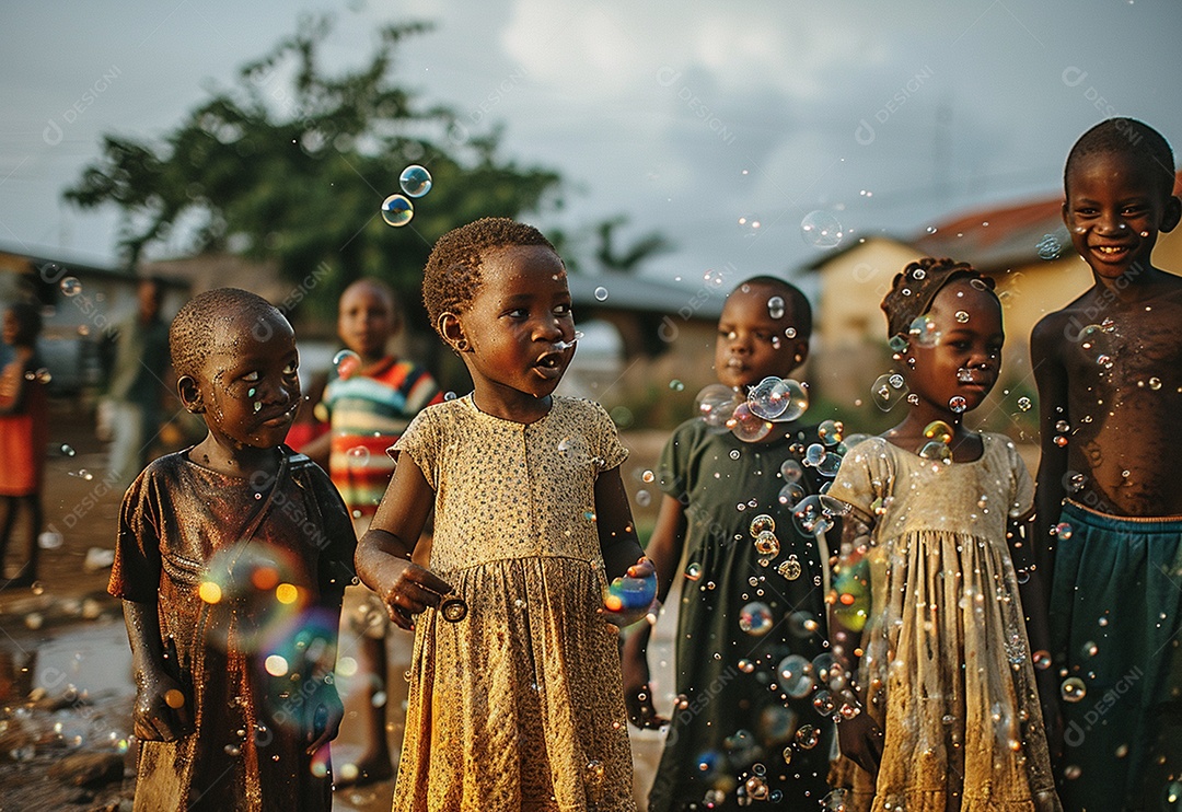 Grupo de crianças brincando com bolhas de sabão