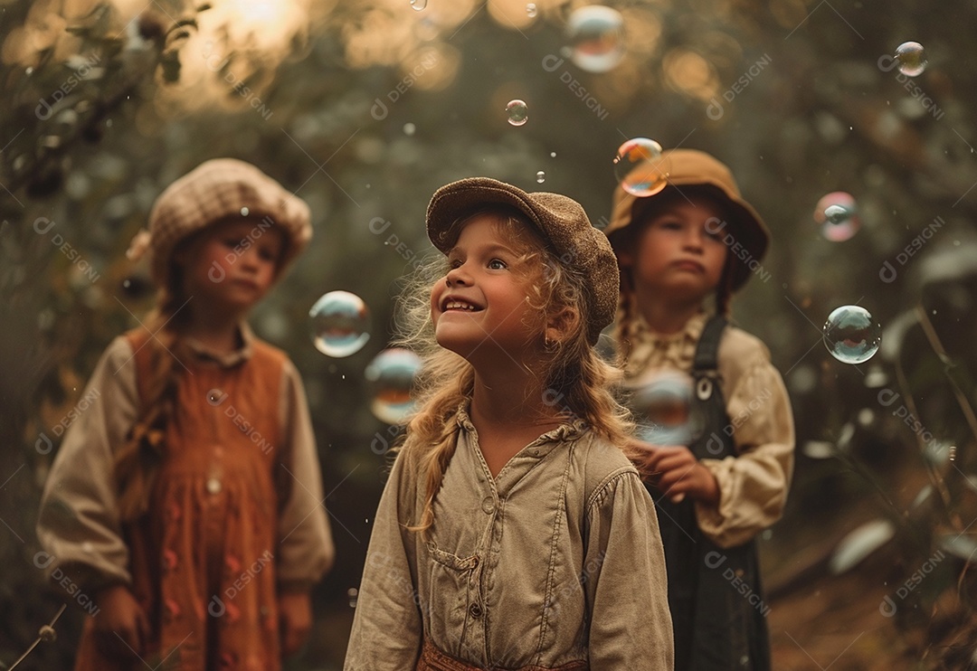 Grupo de crianças brincando com bolhas de sabão