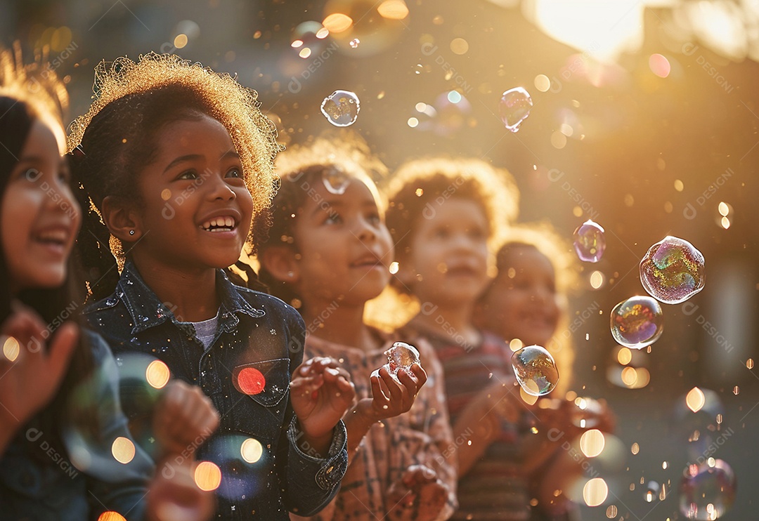 Grupo de crianças brincando com bolhas de sabão