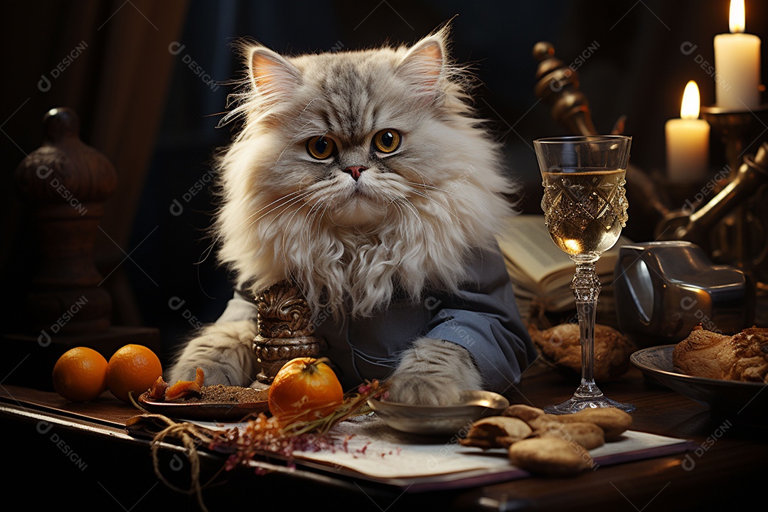 Gato persa cinza com uma taça de vinho na mão