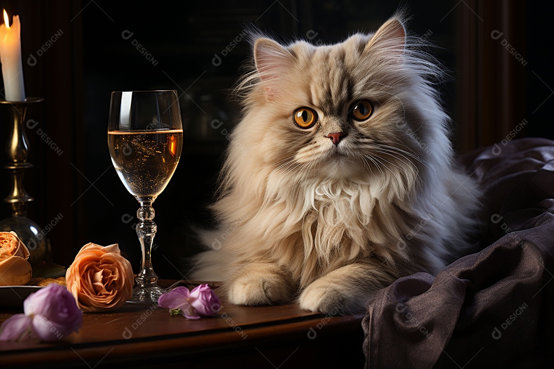 Gato persa cinza com uma taça de vinho na mão