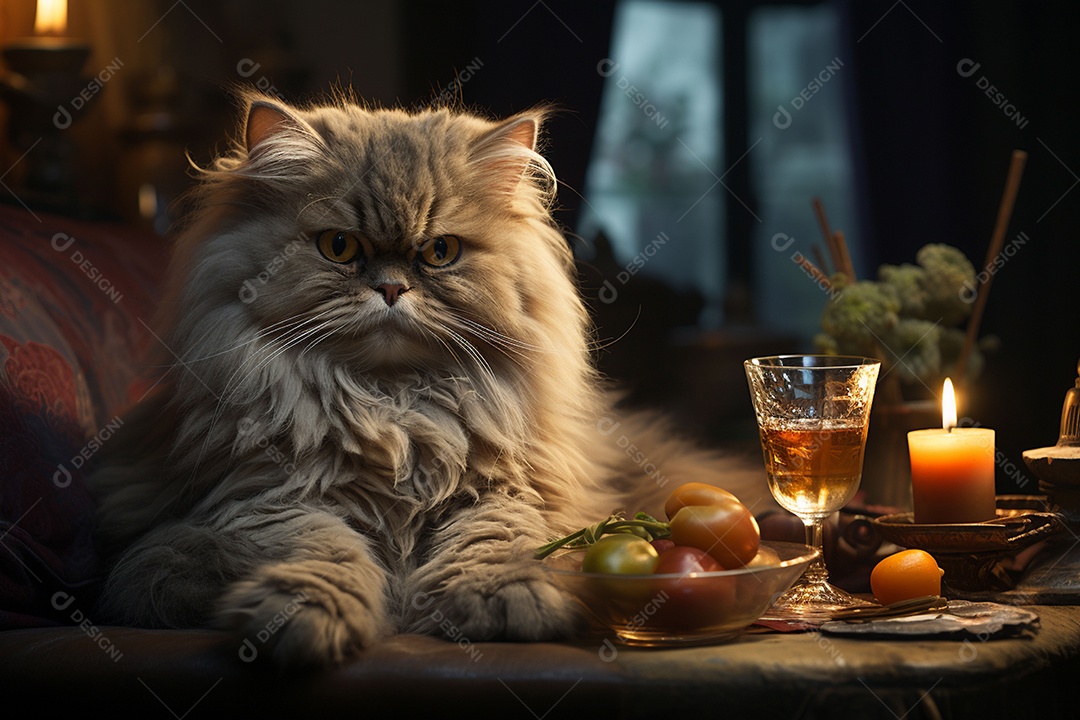 Gato persa cinza com uma taça de vinho na mão