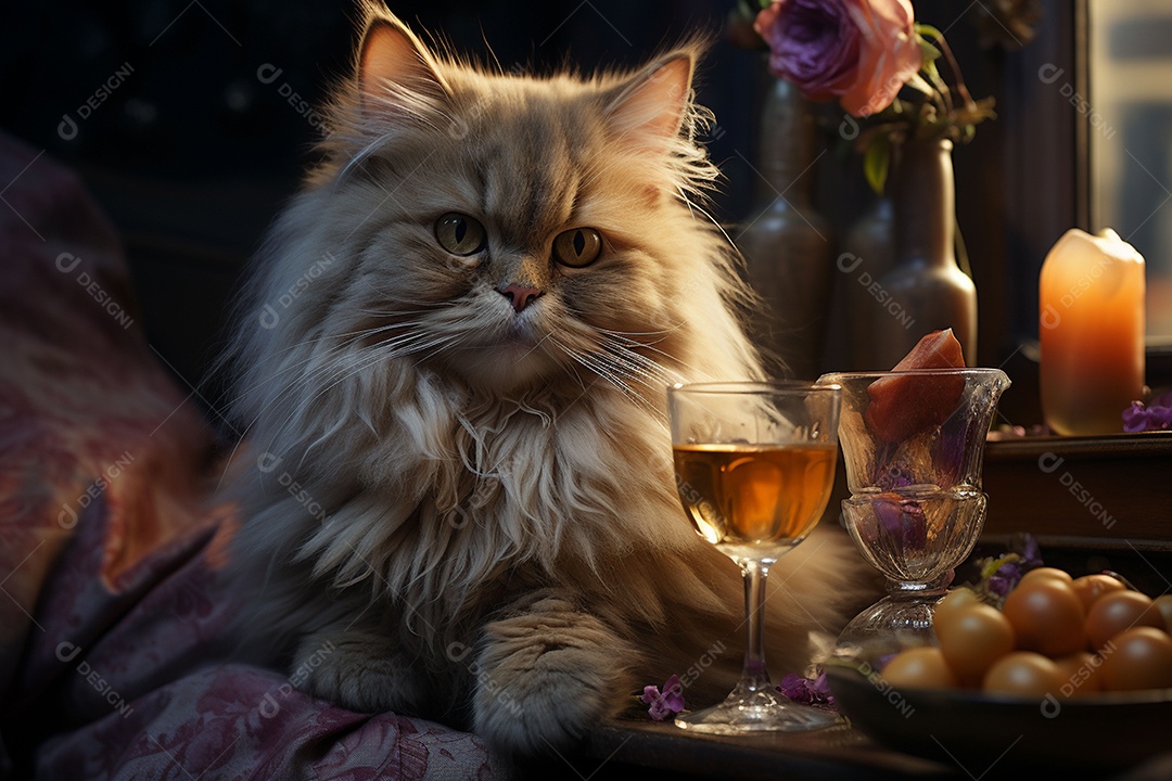 Gato persa cinza com uma taça de vinho na mão