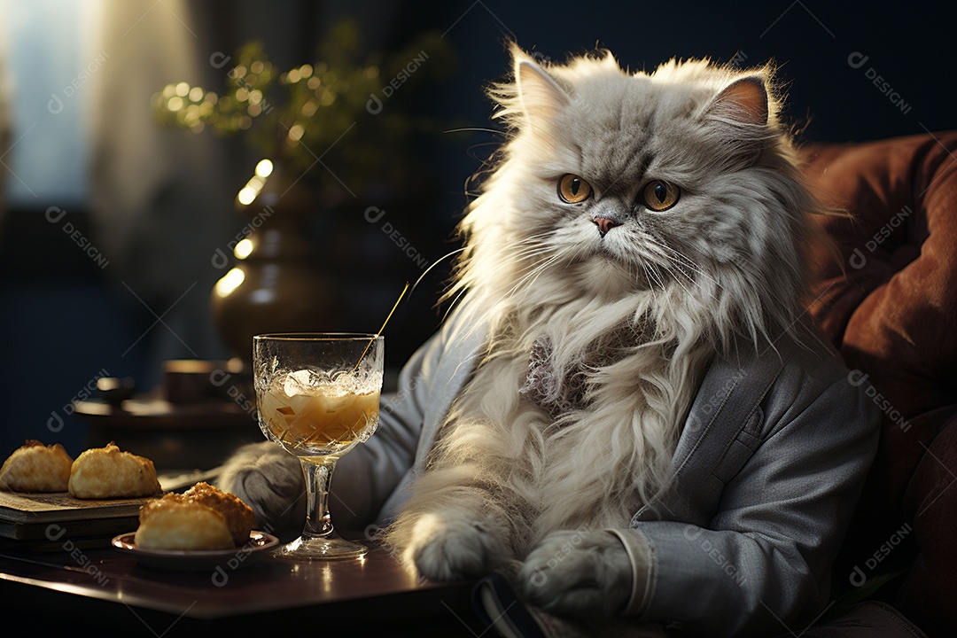 Gato persa cinza com uma taça de vinho na mão