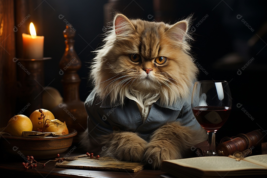 Gato persa cinza com uma taça de vinho na mão