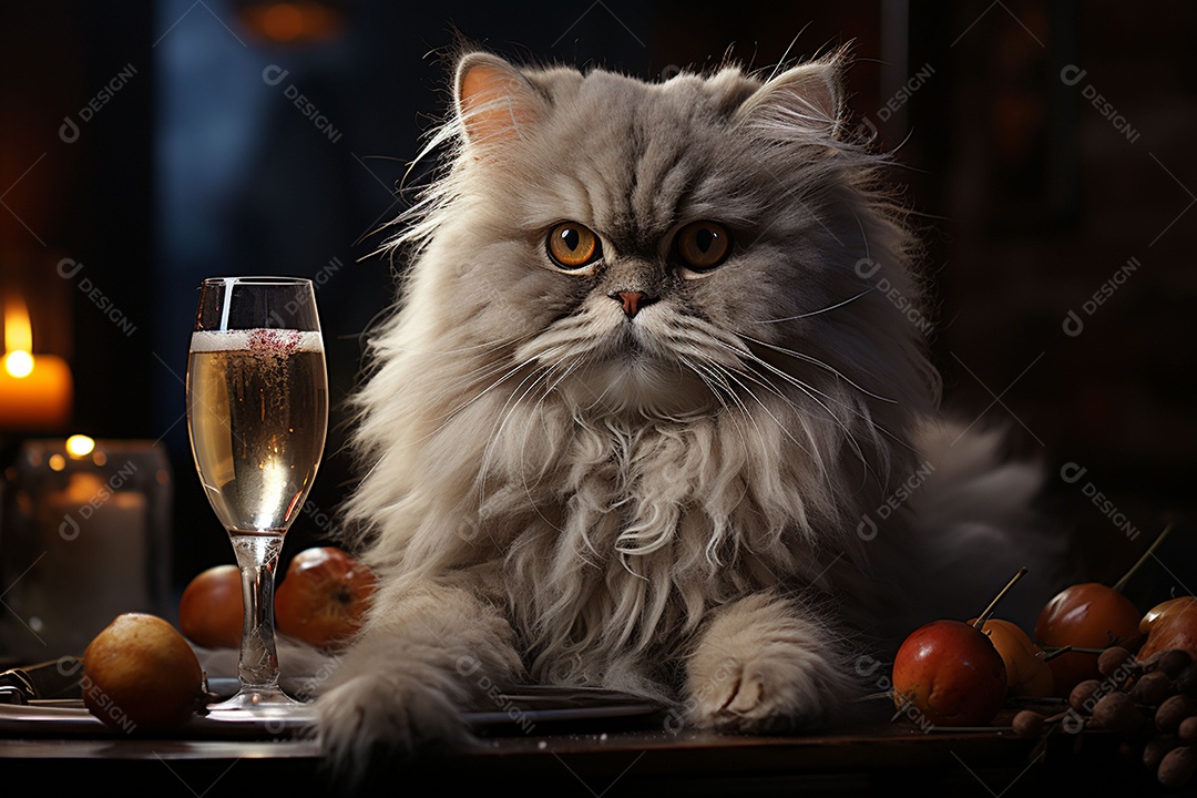 Gato persa cinza com uma taça de vinho na mão