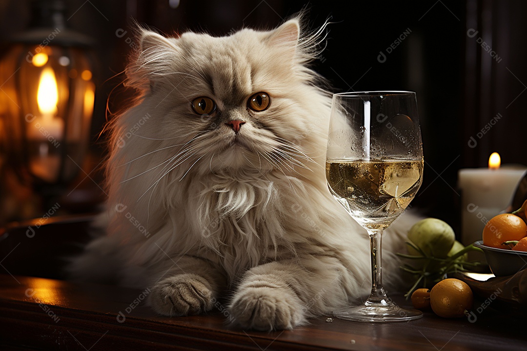 Gato persa cinza com uma taça de vinho na mão
