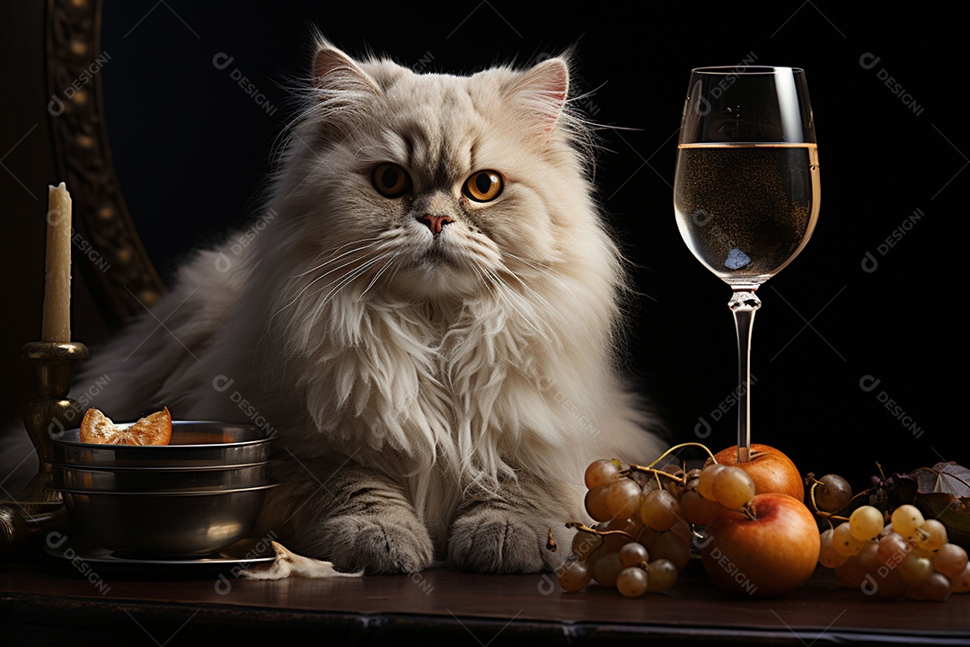 Gato persa cinza com uma taça de vinho na mão