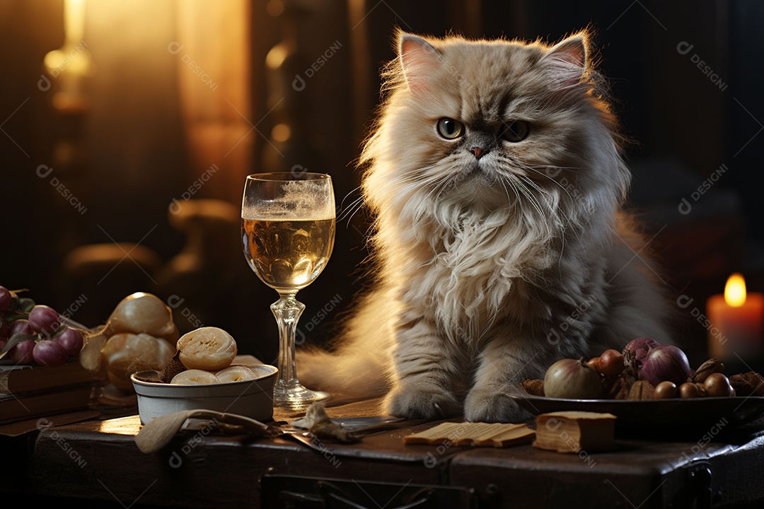 Gato persa cinza com uma taça de vinho na mão