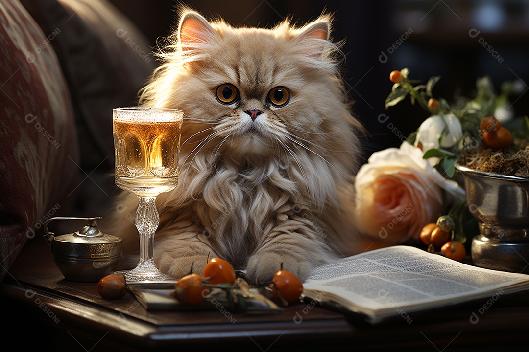 Gato persa cinza com uma taça de vinho na mão