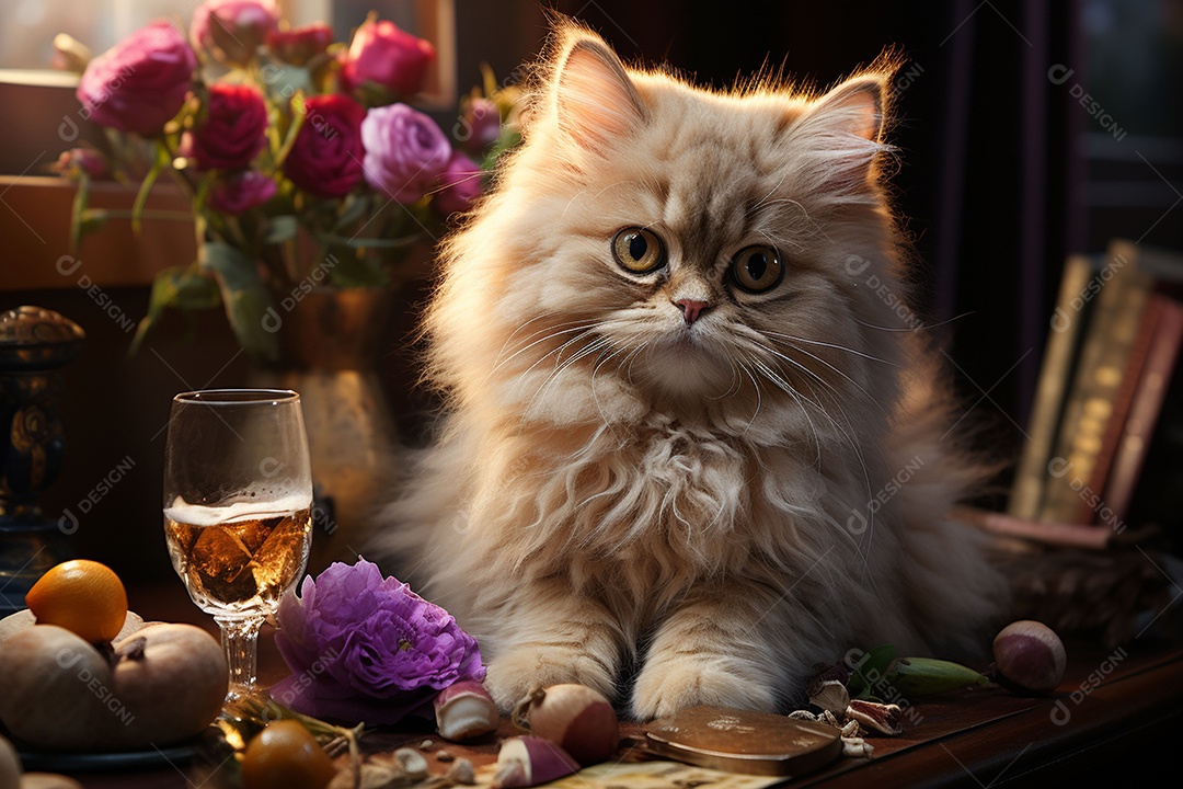 Gato persa cinza com uma taça de vinho na mão