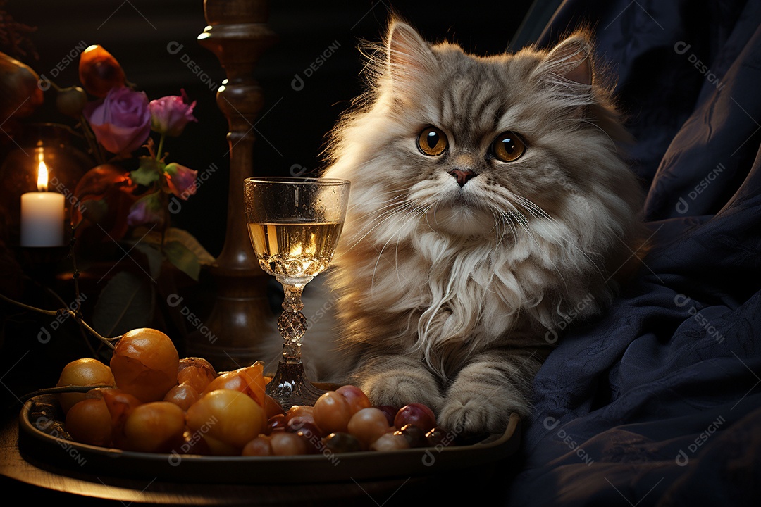 Gato persa cinza com uma taça de vinho na mão