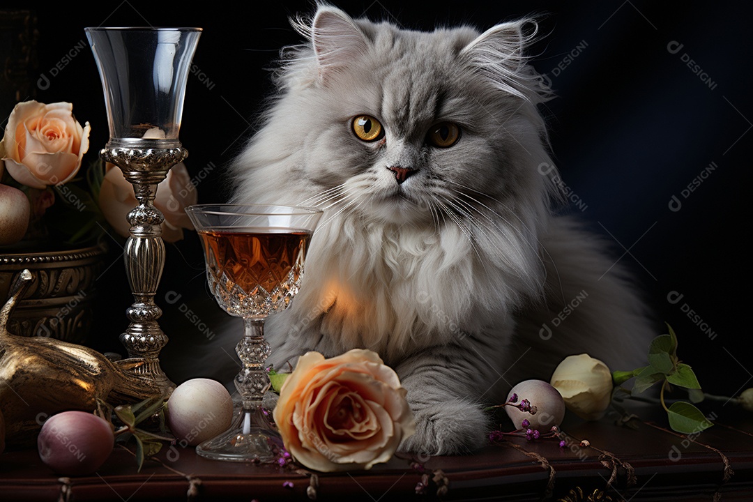 Gato persa cinza com uma taça de vinho na mão