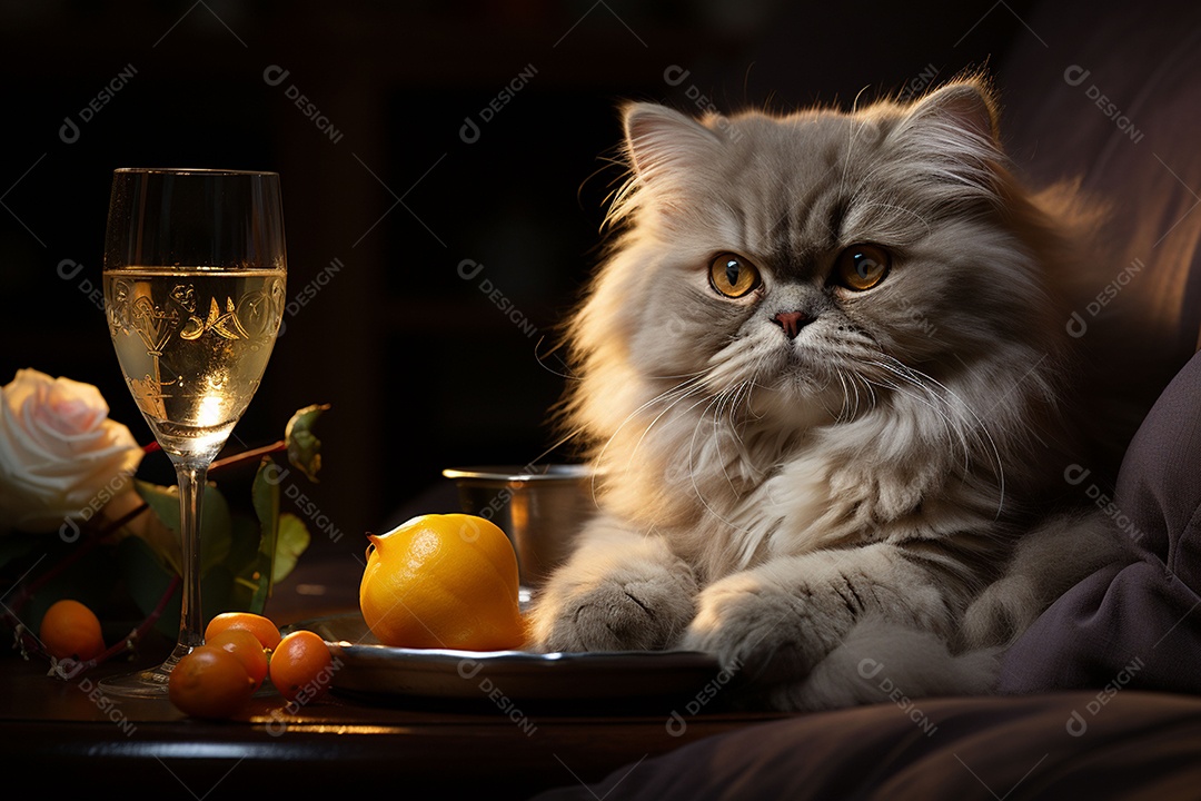Gato persa cinza com uma taça de vinho na mão