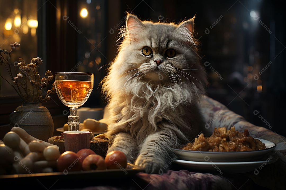 Gato persa cinza com uma taça de vinho na mão