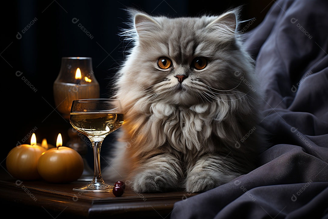 Gato persa cinza com uma taça de vinho na mão