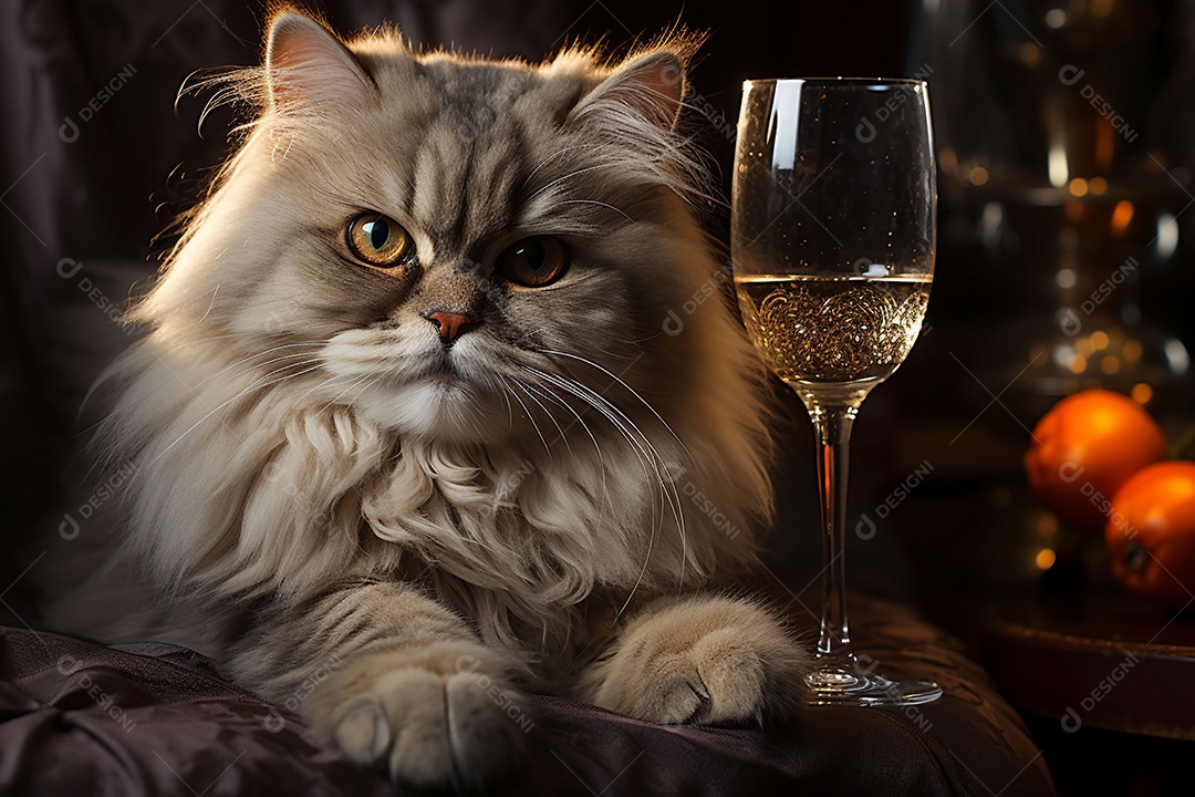 Gato persa cinza com uma taça de vinho na mão