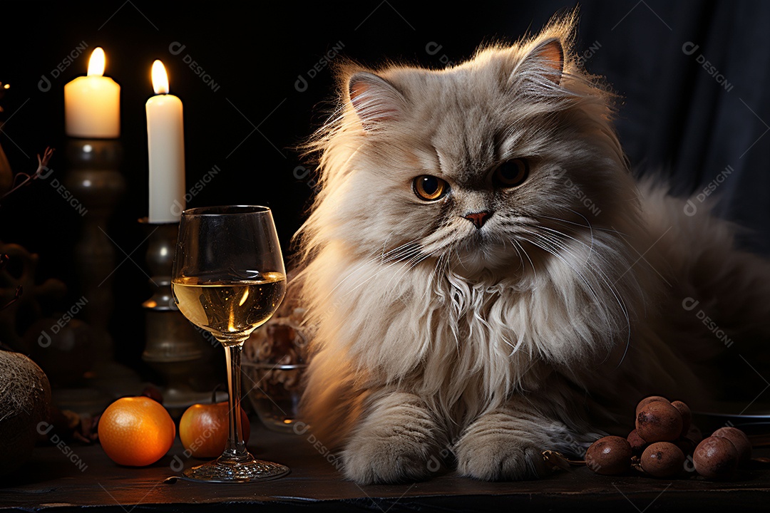 Gato persa cinza com uma taça de vinho na mão