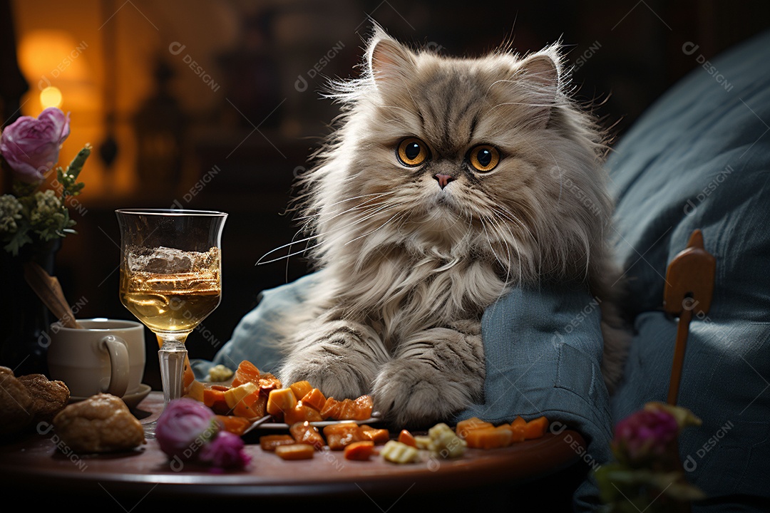 Gato persa cinza com uma taça de vinho na mão