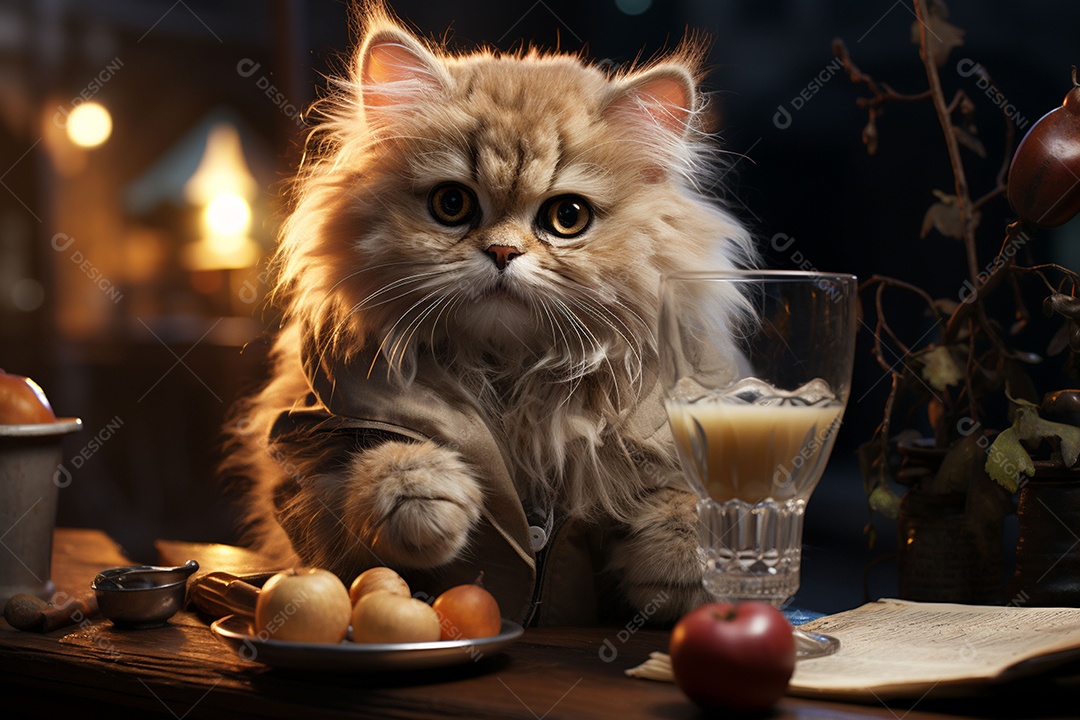 Gato persa cinza com uma taça de vinho na mão