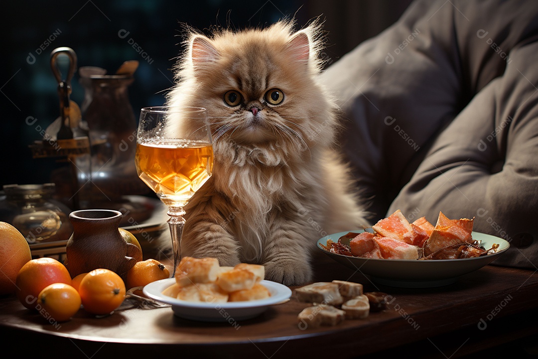 Gato persa cinza com uma taça de vinho na mão