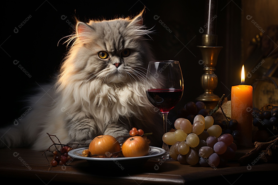 Gato persa cinza com uma taça de vinho na mão