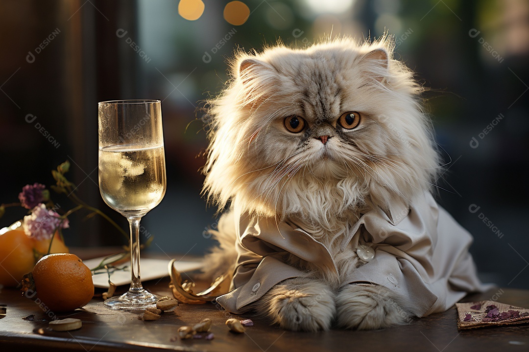 Gato persa cinza com uma taça de vinho na mão