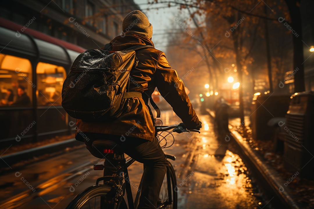 Imagem de pessoa andando de bicicleta em cidade urbana