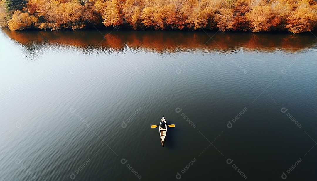 Pessoa remando em um lago calmo em vista aérea de outono