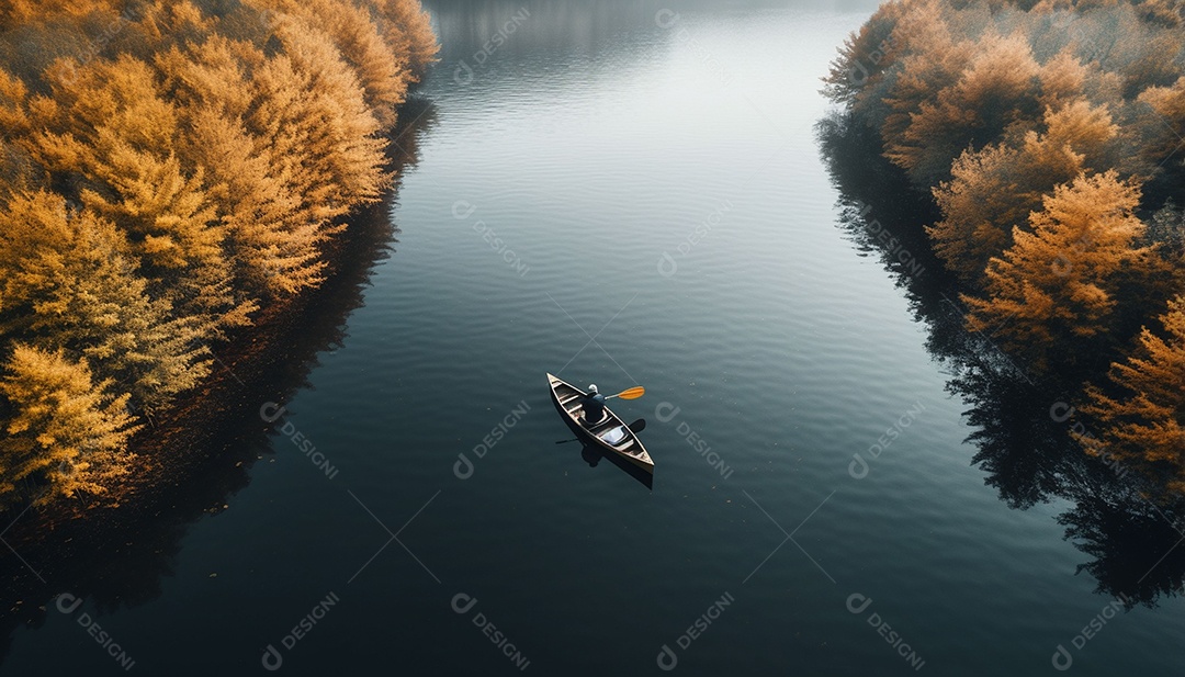 Pessoa remando em um lago calmo em vista aérea de outono