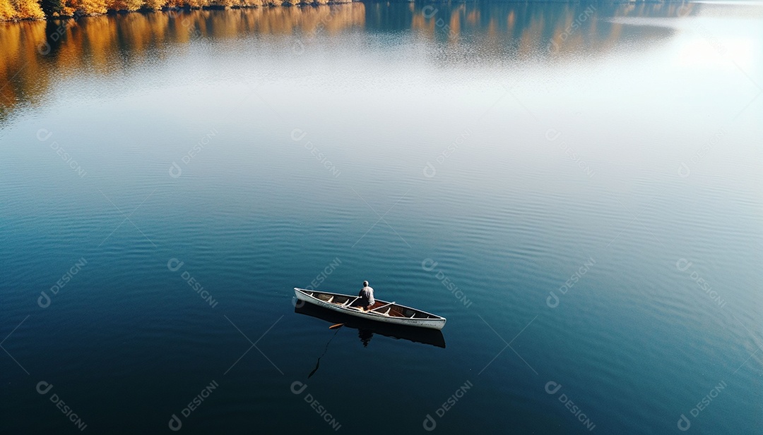 Pessoa remando em um lago calmo em vista aérea de outono