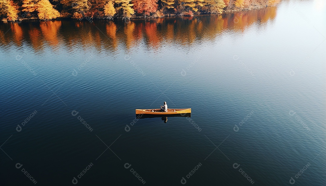 Pessoa remando em um lago calmo em vista aérea de outono