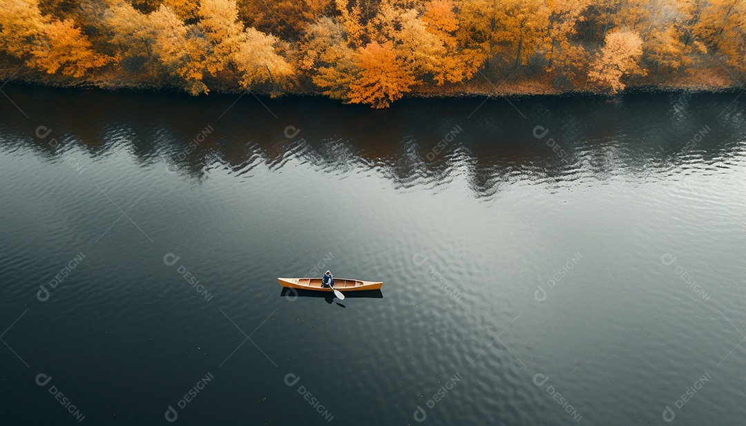 Pessoa remando em um lago calmo em vista aérea de outono
