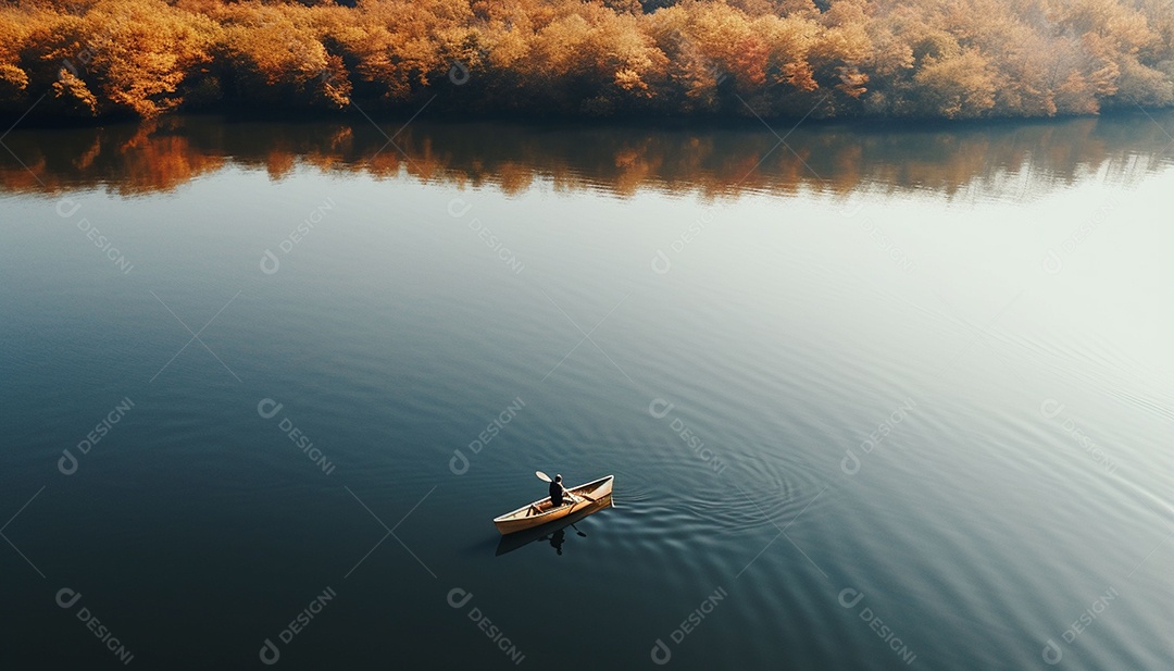 Pessoa remando em um lago calmo em vista aérea de outono